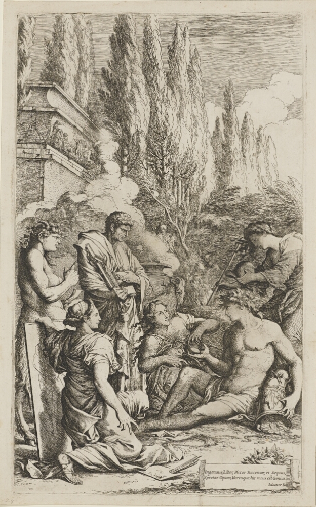 A black and white print of figures holding objects, surrounding a seated man whose hand is on an overturned cornucopia with coins spilling out