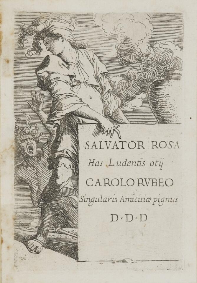 A standing figure looking back at another figure in distress, while pointing to an inscription on a ledge that reads, Salvator Rosa Has Ludentis otii, Carolo Rubeo, Singularis Amicitia pignus, D.D.D.