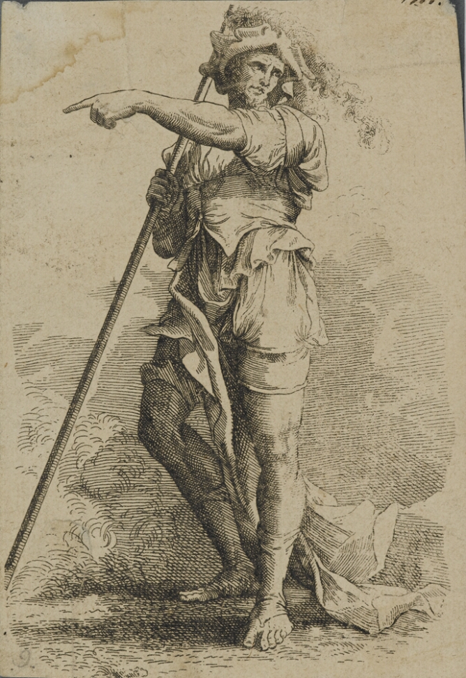 A black and white print of a standing man holding a long cane and pointing to the viewer's left