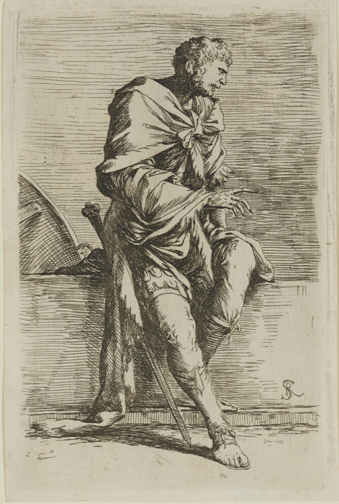 A black and white print of a man sitting on a ledge with his sword, looking and gesturing to the viewer's right