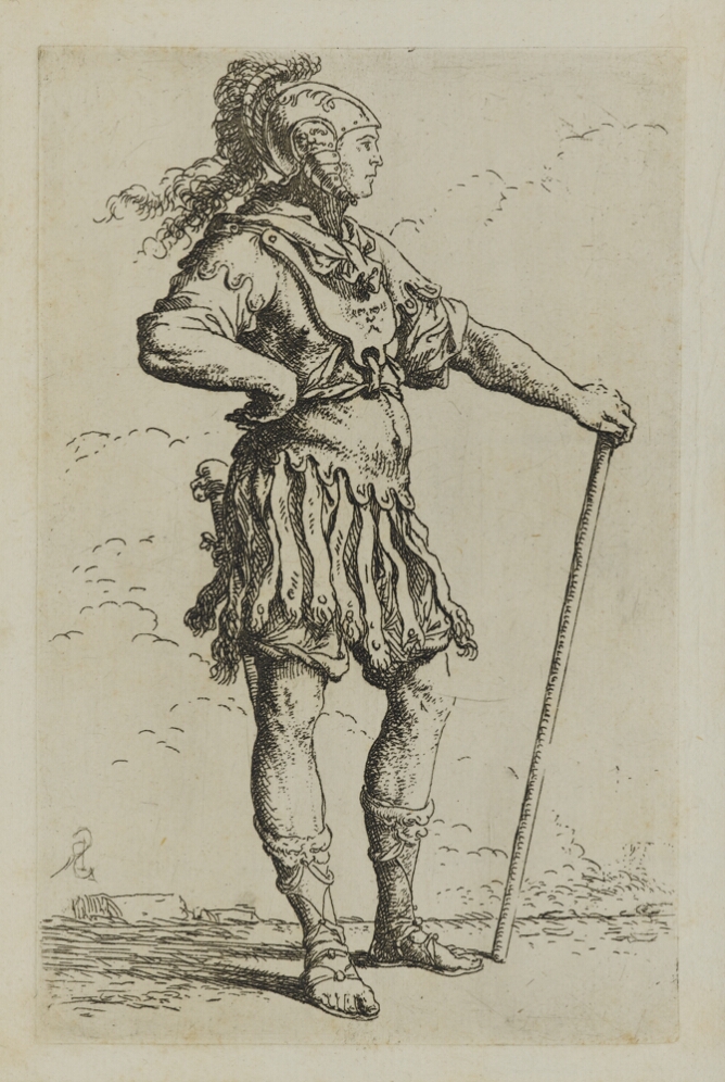 A black and white print of a standing man in armor facing the viewer's right. He holds a cane with his left hand while his right hand rests on his hip
