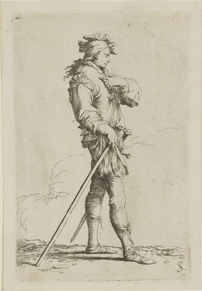 A black and white print of a standing man facing the viewer's right. He holds a cane with his right hand and points to himself with his left hand