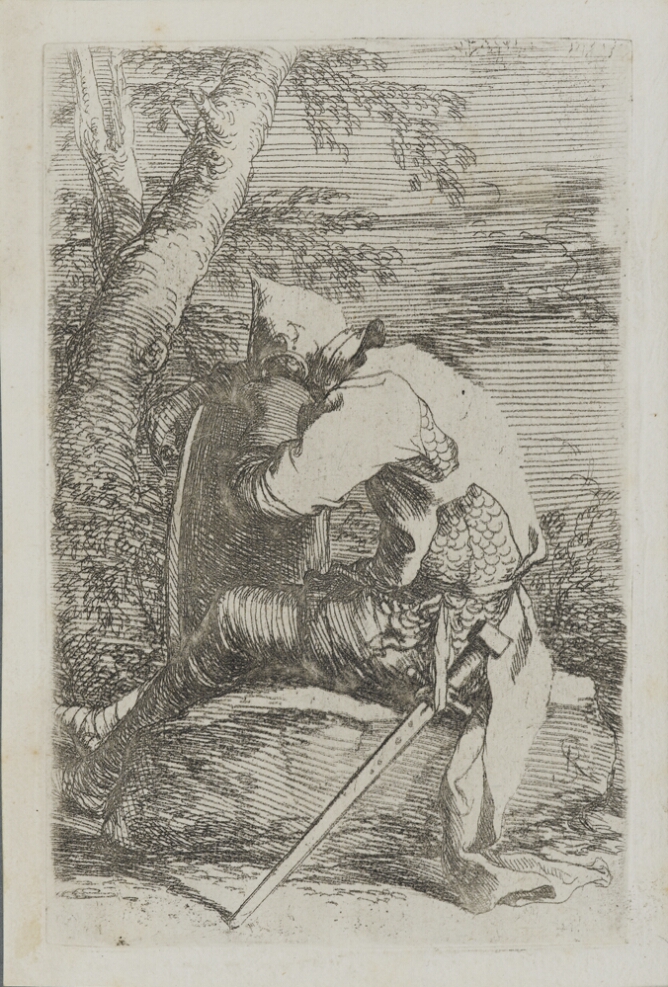 A black and white print of a man in armor sitting on a rock, resting his hands and head over his upright shield