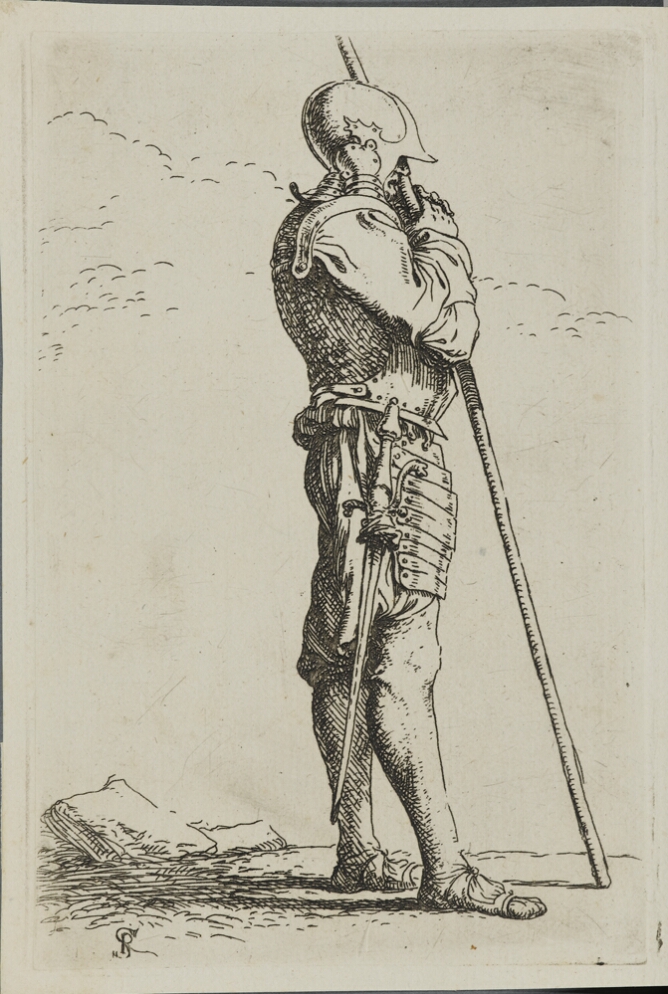 A black and white print of a standing man in profile holding a long cane by his shoulder
