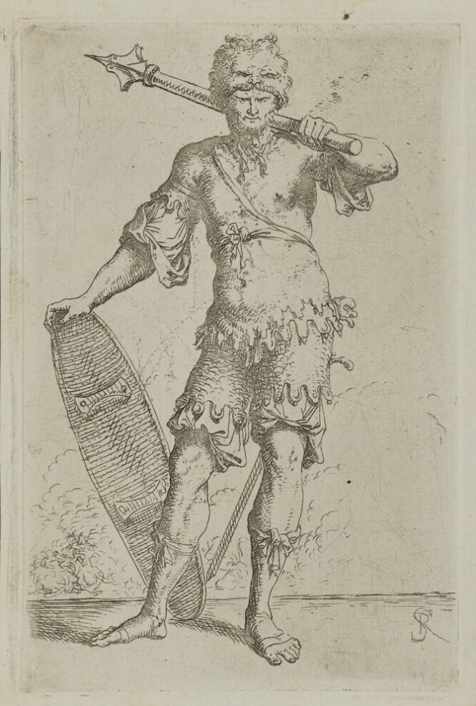 A black and white print of a standing man wearing a hat with a face, holding a spear over his shoulder with his left hand, while his right hand holds an upright shield