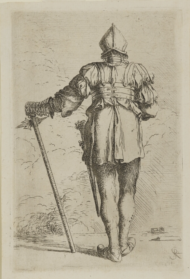 A black and white print of a man in armor standing with a cane, his back towards the viewer