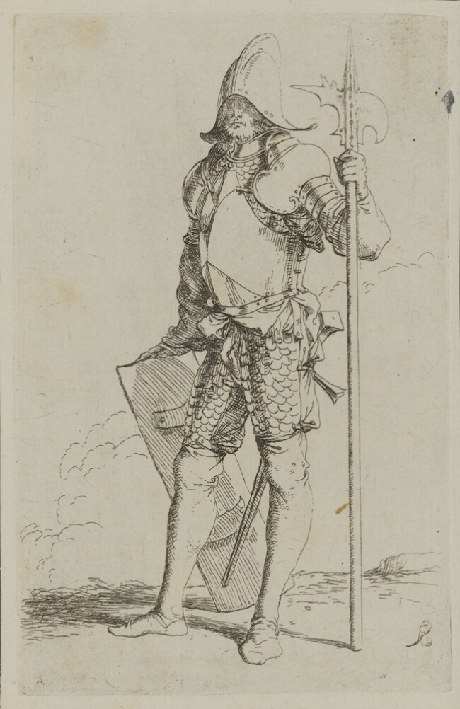 A black and white print of a standing man in armor holding a spear-like weapon with his left hand and a shield with his right hand