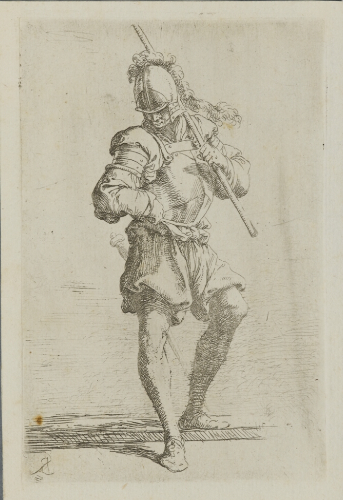 A black and white print of a standing man in armor holding a stick by his shoulder, looking down at the ground