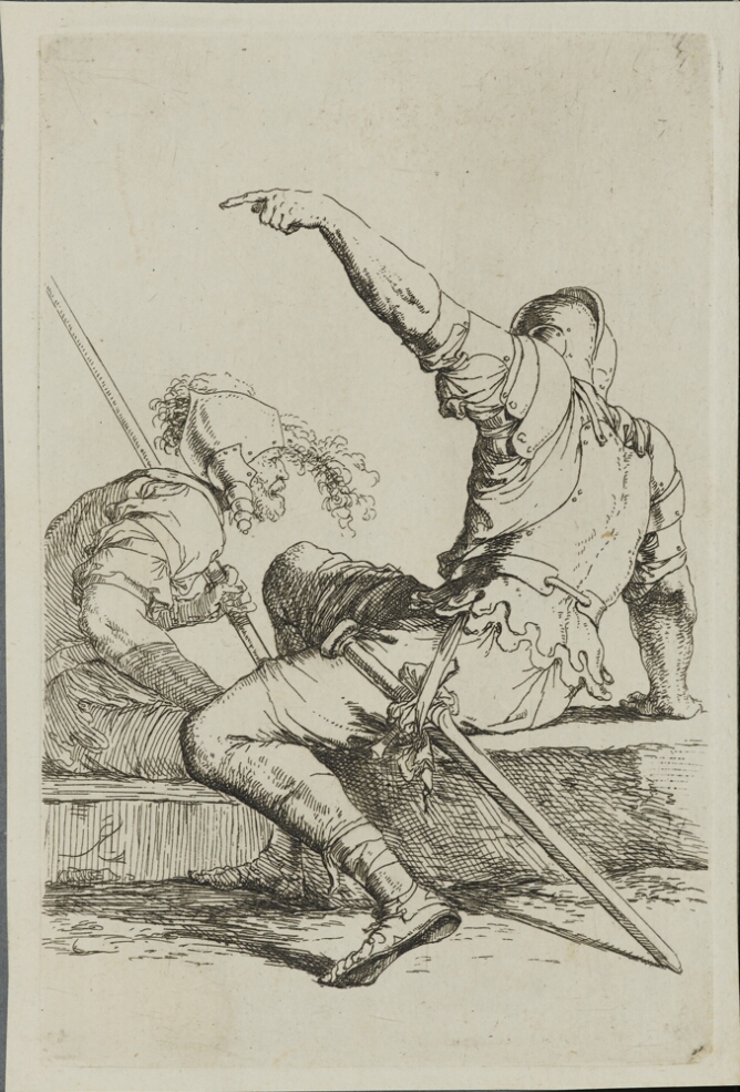 A black and white print of a man seated on a stone with his back turned towards the viewer. He points upwards while facing another man seated on a stone holding a stick