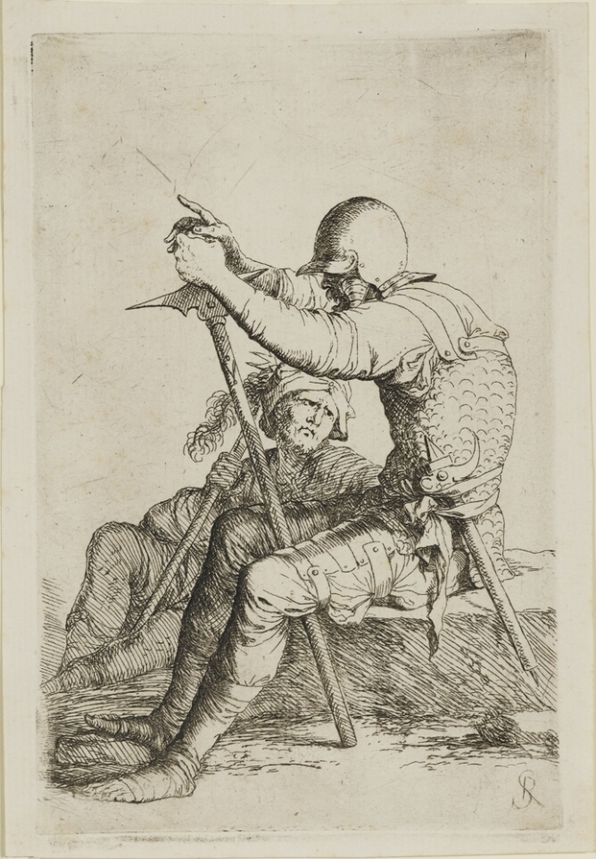 A black and white print of a man in armor sitting on a stone, holding the tip of a spear-like weapon, while another man sits beside him holds a stick