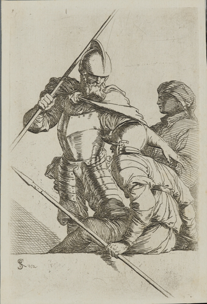 A black and white print of a standing, bearded man in armor holding a spear by his shoulder, engaging with another man in a helmet, sitting on ledge and also holding a spear