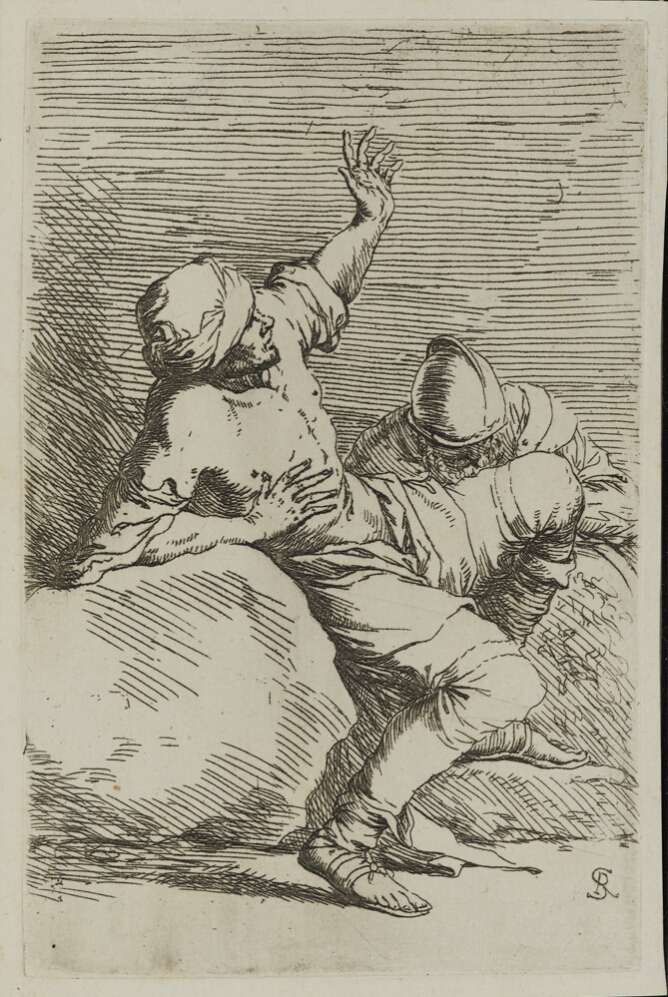 A black and white print of a man leaning back on a rock and gesturing upwards, while a man bends over next to him