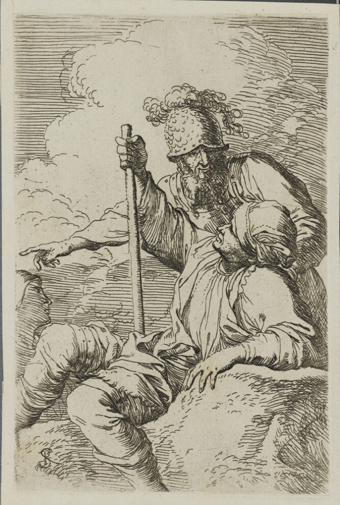 A black and white print of a man leaning back on a rock, holding a cane, and looking up at standing man pointing to the viewer's left