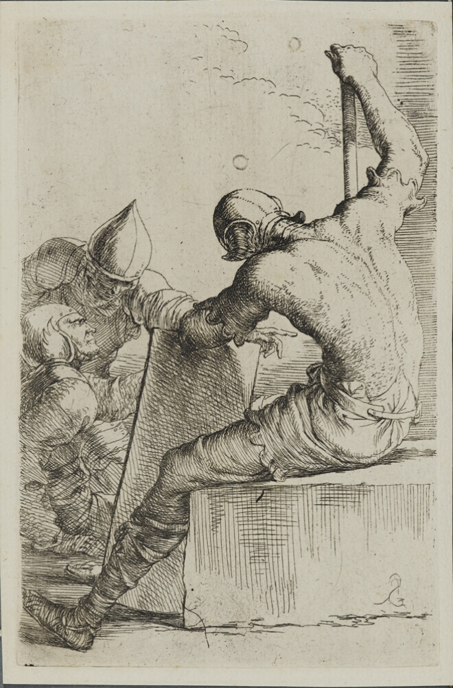 A black and white print of a man sitting on a stone with his back towards the viewer, holding onto the top of a cane with his right hand and the top of his shield with his left hand, by two other men