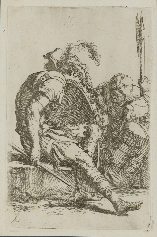 A black and white print of a man sitting on a stone, turned away from the viewer, holding a stick with his right hand and a shield with his left hand, beside three figures