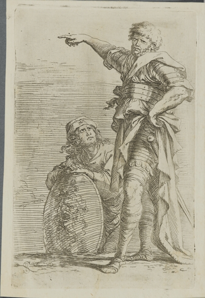 A black and white print of a standing man pointing to the viewer's left, while a kneeling man holds onto a shield and looks up at the standing man