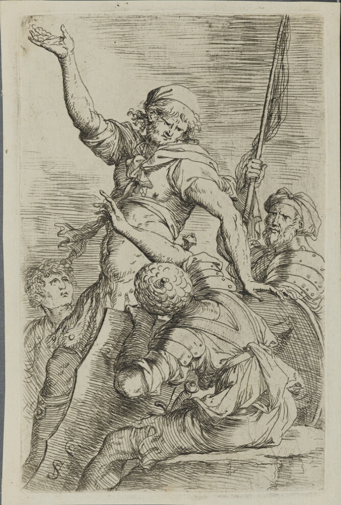 A black and white print of a standing man gesturing upwards, while another man sitting on a stone holding a shield reaches out towards him. A man in the background holds a flag
