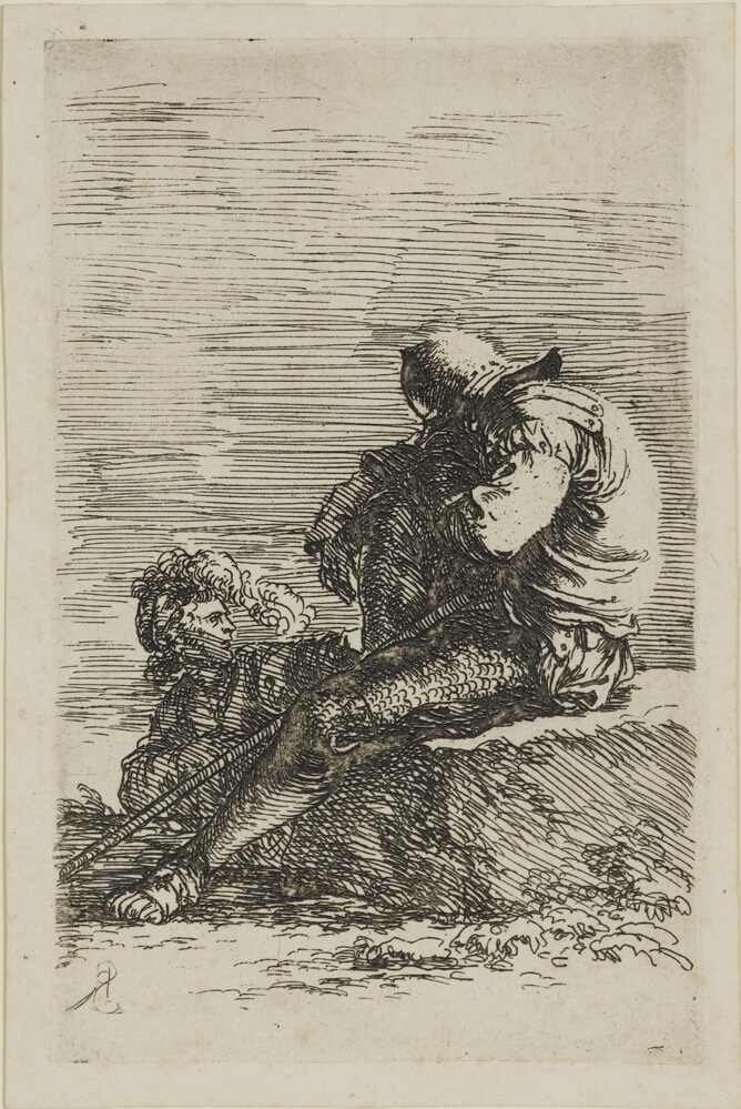 A black and white print of a man with a cane sitting on a stone, his head buried in his arm resting on his bent knee, with his other leg extended. Nearby, another man is looking away