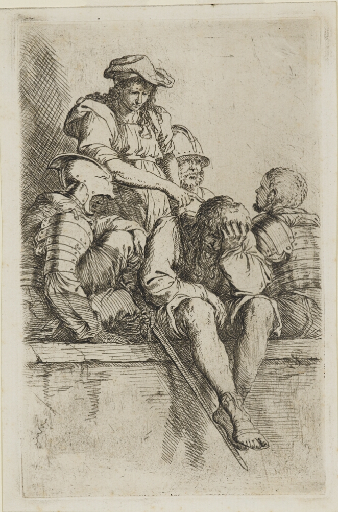A black and white print of a man sitting on ledge resting his head in his hand, with other men around him. One man standing behind him points to him