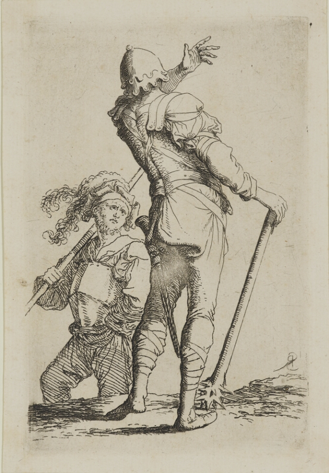 A black and white print of a standing man with his back towards the viewer, holding a club with a spiked tip, facing another man standing with a stick by his shoulder