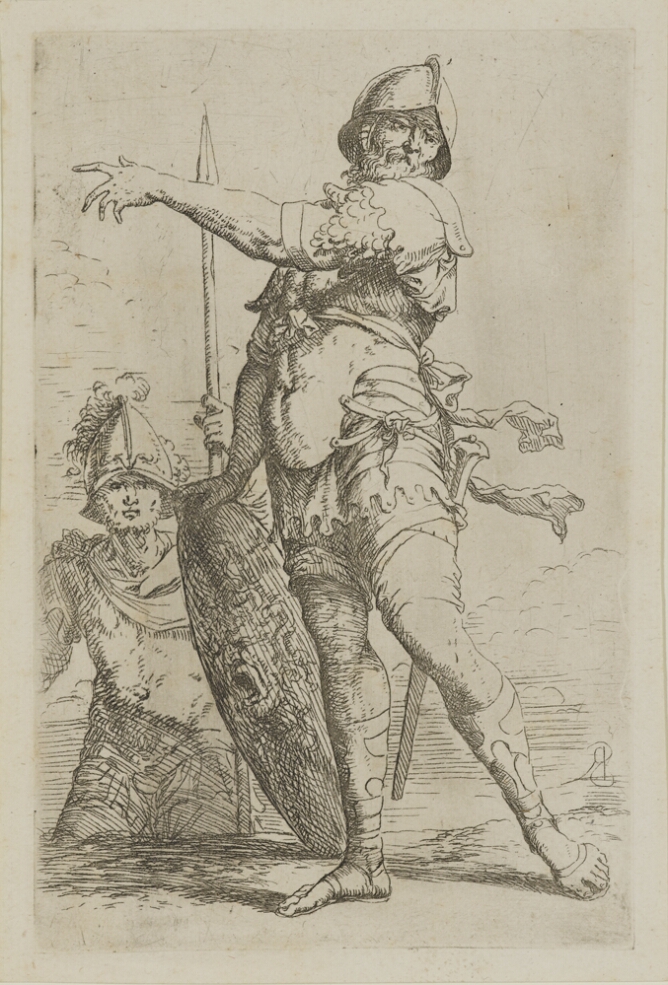 A black and white print of a standing man pointing to the viewer's left and holding a shield with an image of Medusa's head. Another man stands with a spear nearby