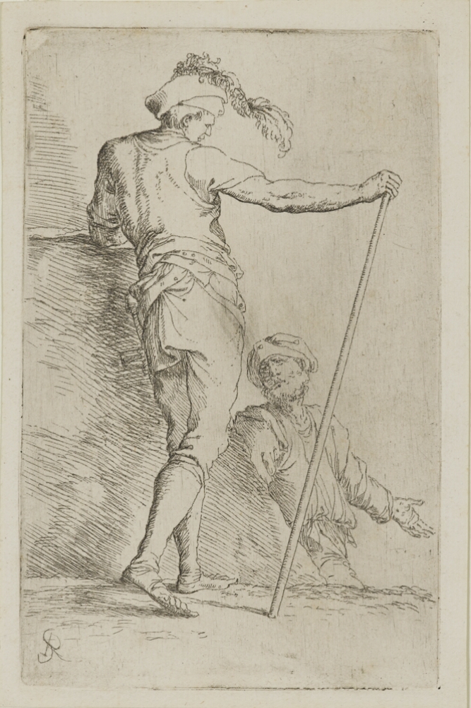 A black and white print of a standing man with his back towards the viewer, holding a cane, and engaging with another man below him