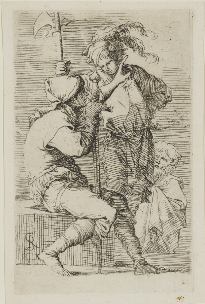 A black and white print of a seated man pointing upwards and facing a standing man holding a spear-like weapon