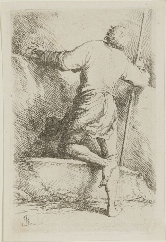 A black and white print of a man standing with one knee on a stone, holding a staff, with his back towards the viewer