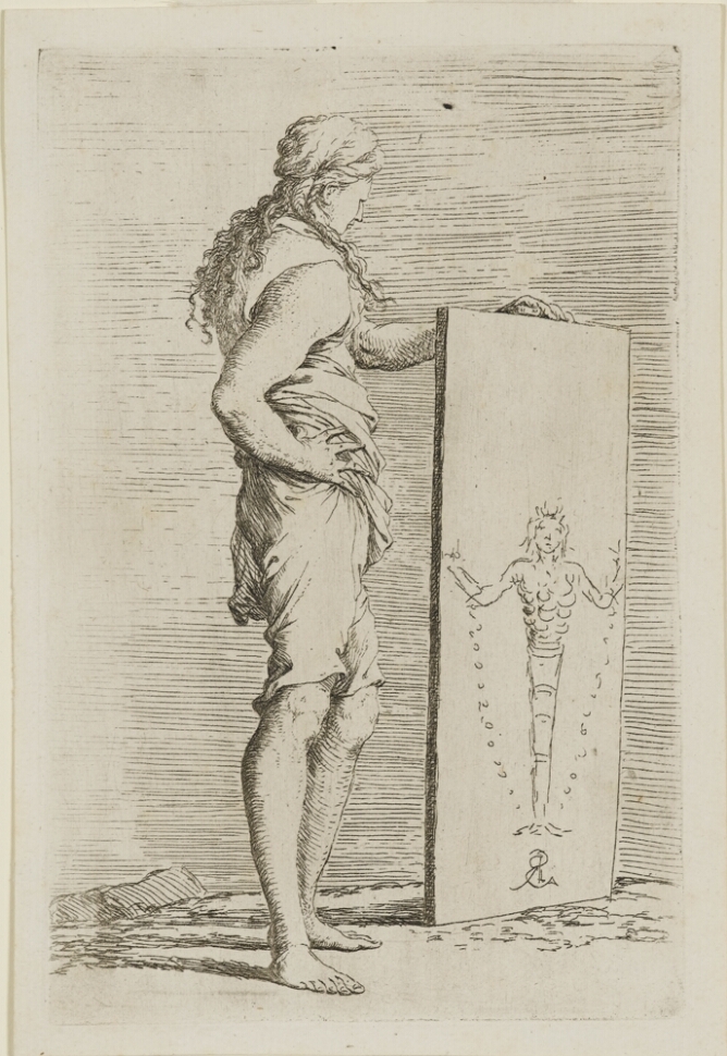 A black and white print of a young man standing in profile, holding an upright painting on the ground