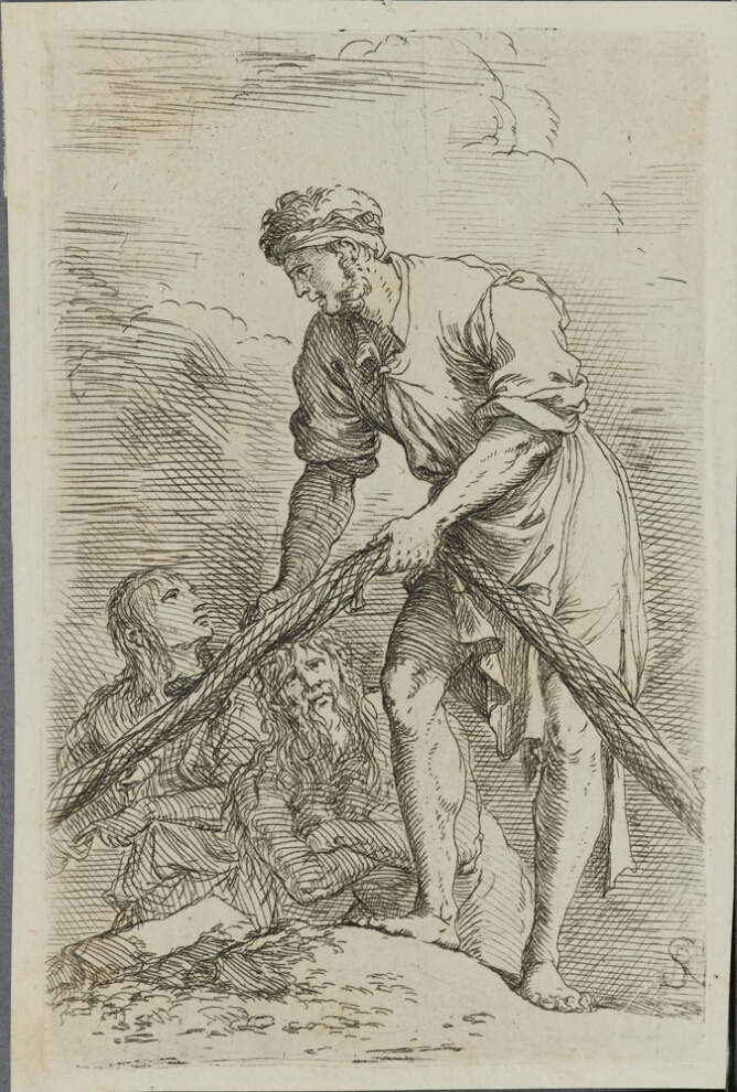 A black and white print of standing man holding a fishing net and looking below at two other figures