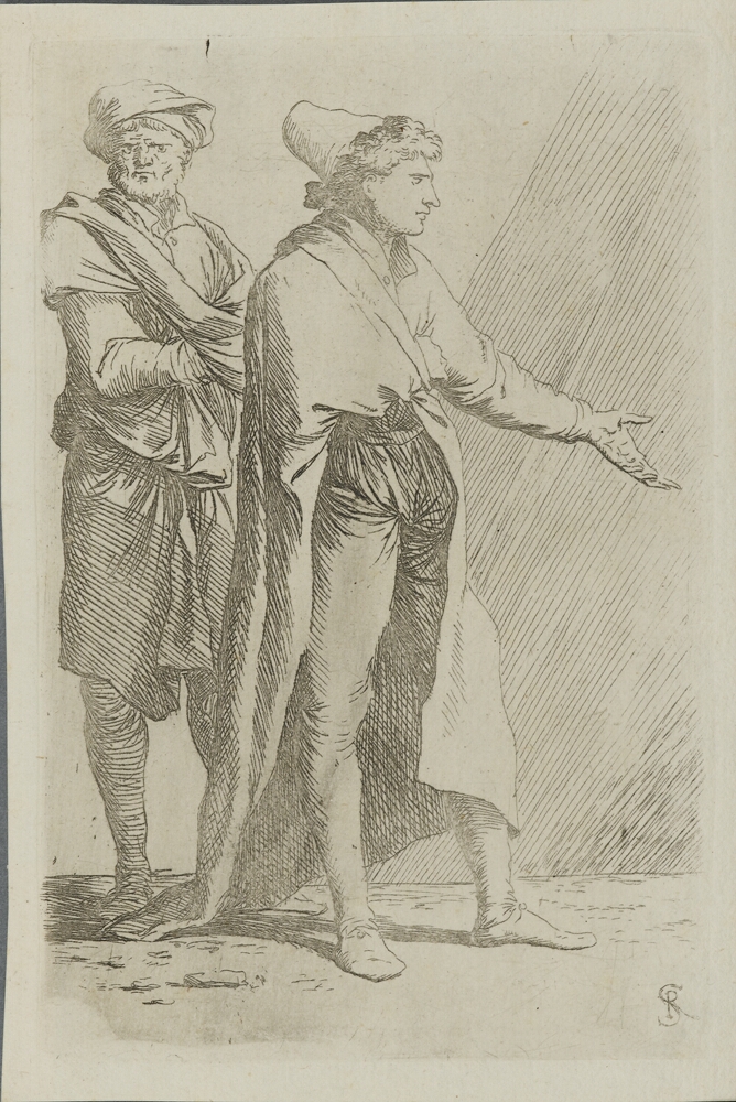 A black and white print of a man standing his arm extended with another man standing behind him