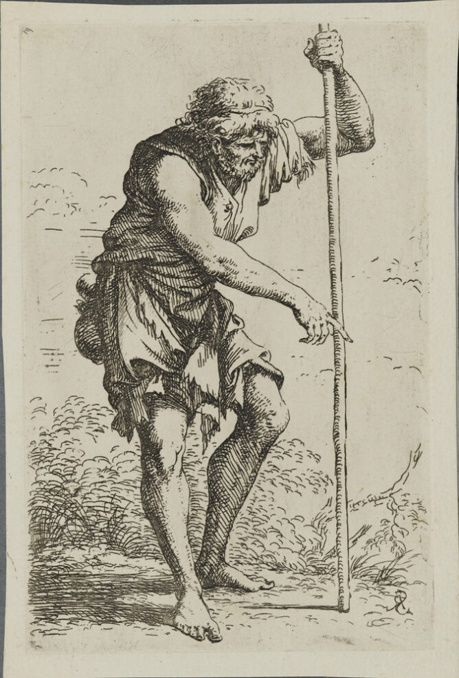 A black and white print of a man standing with a staff and pointing downwards