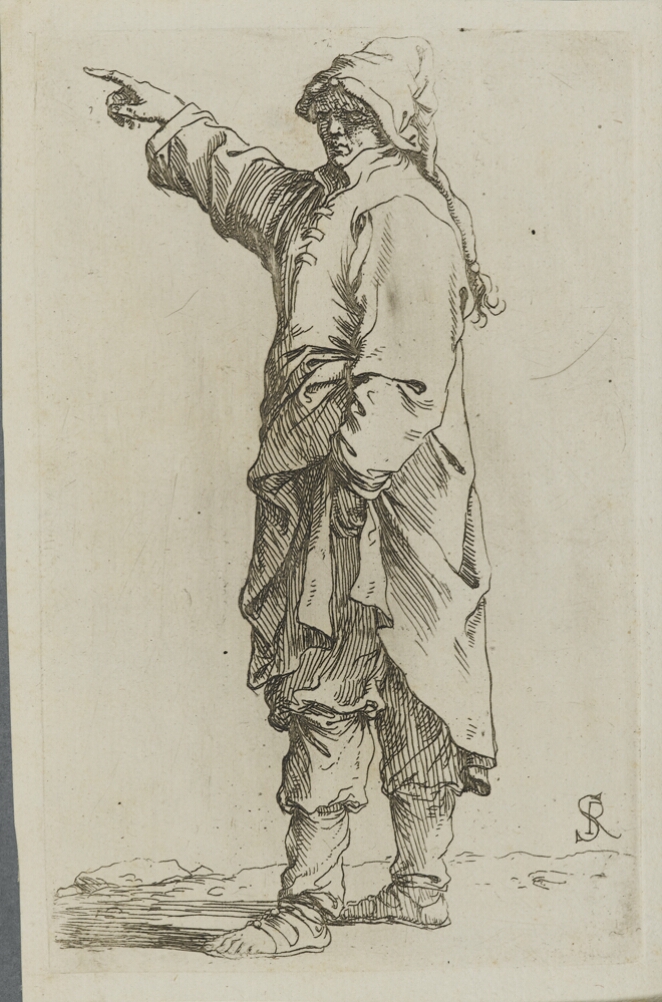 A black and white print of a standing man turned towards the viewer and pointing to the viewer's left