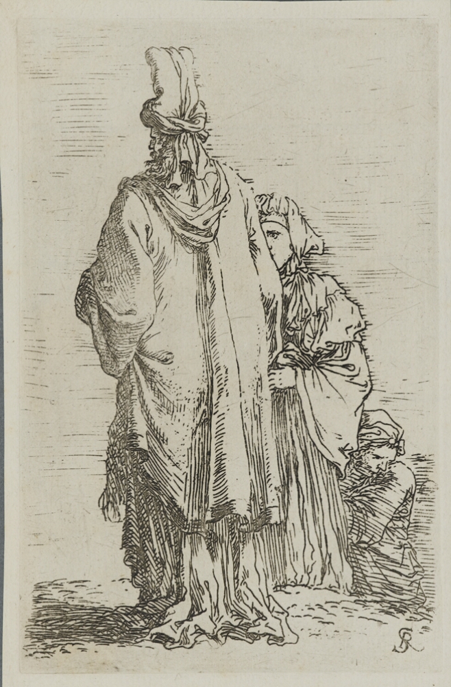 A black and white print of a figure wearing a turban, with their back towards the viewer, standing next to a woman with another woman behind her