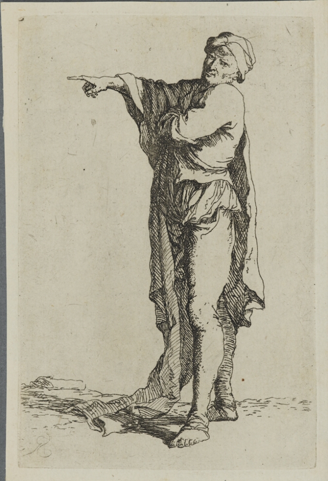 A black and white print of a man standing and pointing to the viewer's left