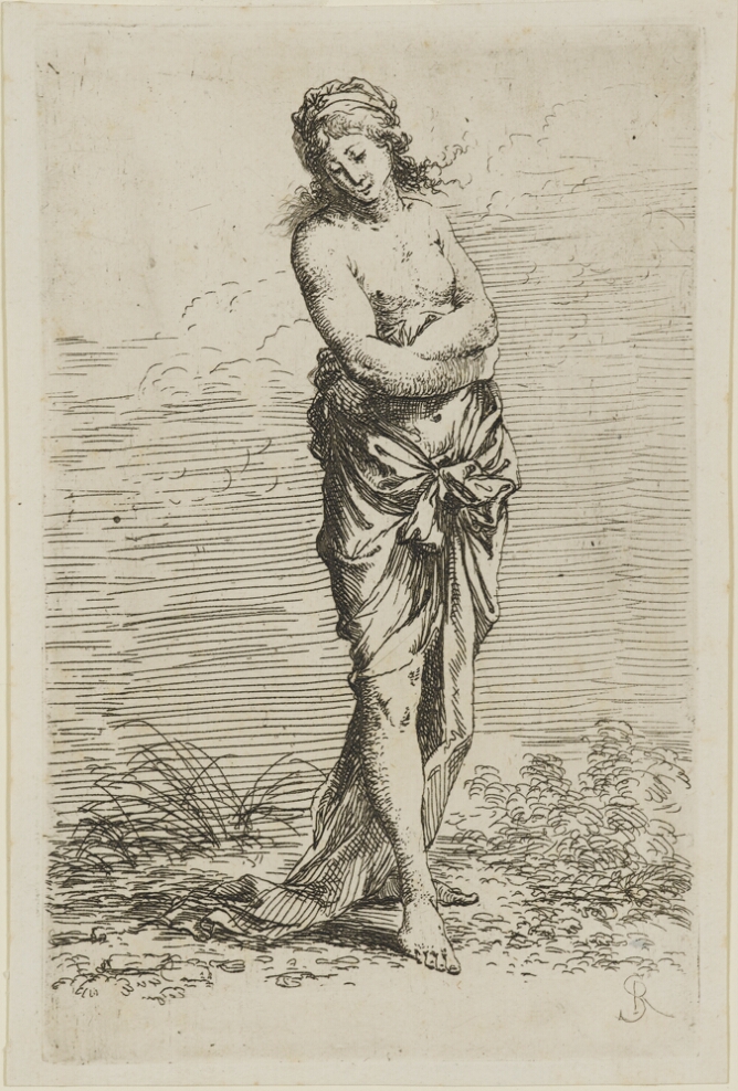 A black and white print of a semi-nude woman standing with her arms crossed and looking down