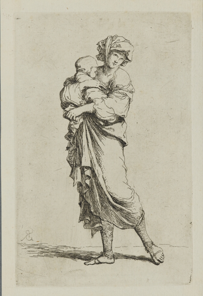 A black and white print of a standing young woman carrying a baby