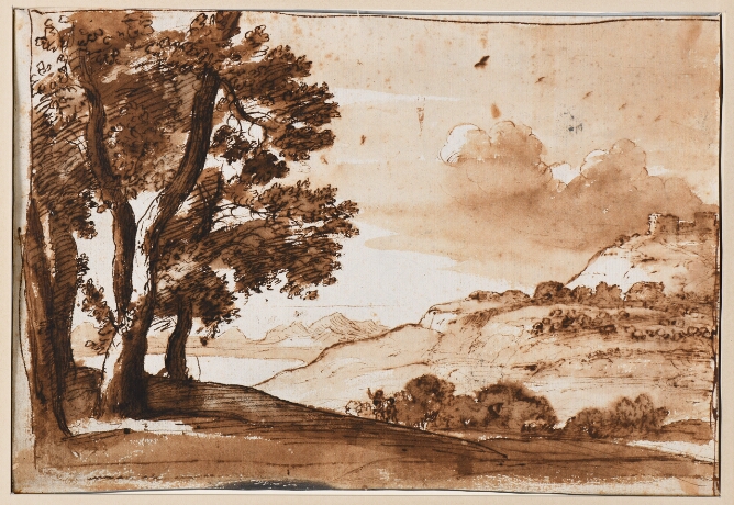 A mixed media drawing of a landscape with trees and a hill