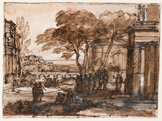 A mixed media drawing of a group of figures gathered by a tree in front of building, with a bridge in the background