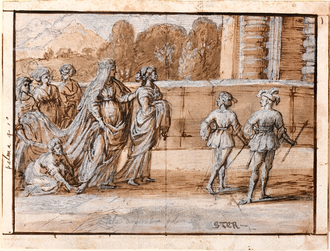 A mixed media drawing of a woman accompanied by figures walking towards the viewer's right