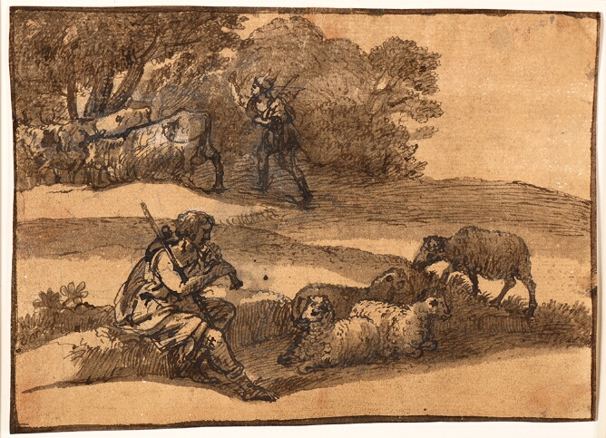 A mixed media drawing of a man seated on a rock in an open field, playing the pipe, with sheep beside him. In the background, a figure guides cattle away