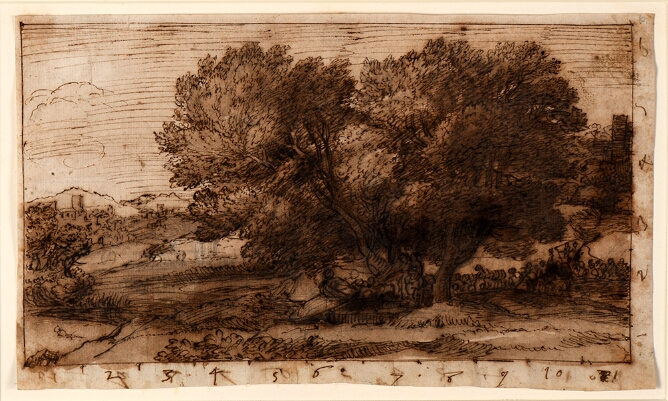 A mixed media drawing of a landscape with large trees
