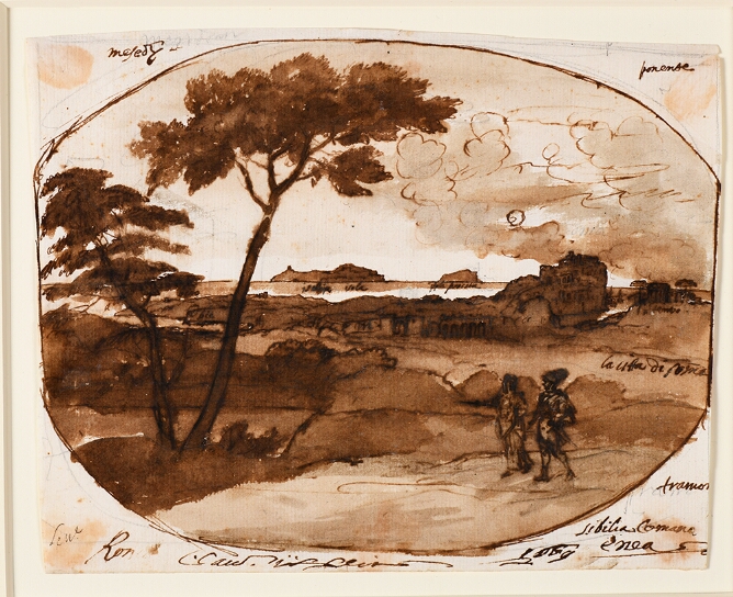 A mixed media drawing of two figures walking in a landscape