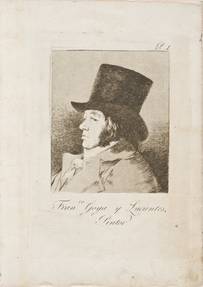 A black and white portrait of the artist in profile, wearing a top hat and coat, shown from the chest up. At the bottom, an inscription of the artist's name and title