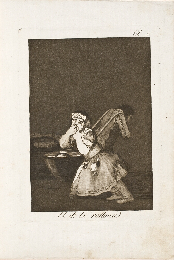 A black and white print of a leaning man facing the viewer with fingers in his mouth, wearing a headdress and dress, while another figure faces away in the background