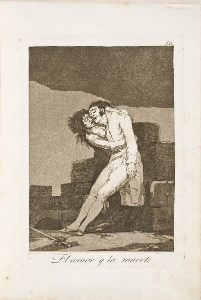 A black and white print of a standing woman cradling a man leaning against a wall, with a sword on the ground before them