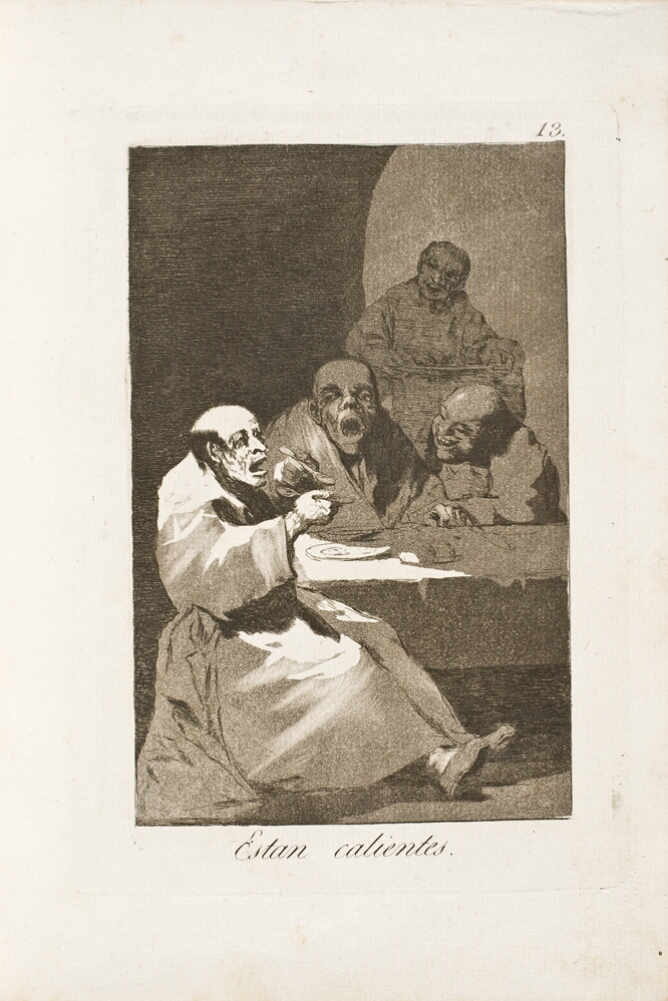 A black and white print of grotesque figures sitting and eating at a table with mouths wide open. Behind them, a figure stands with a serving plate