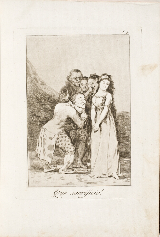A black and white print of a man with a hunchback looking down at a standing woman, with figures standing next to her