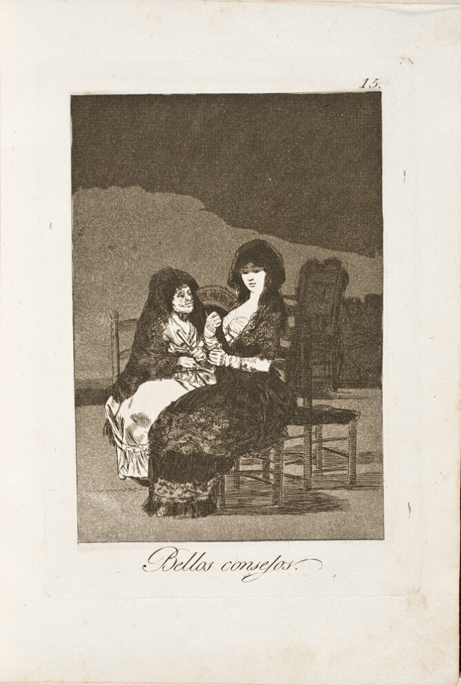 A black and white print of a young woman seated in a chair next to a seated older woman facing her