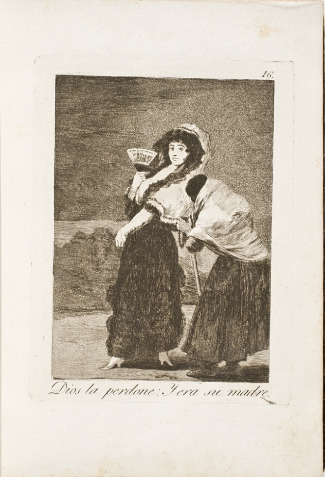 A black and white print of a well-dressed, standing woman being approached by a figure covered with a shawl